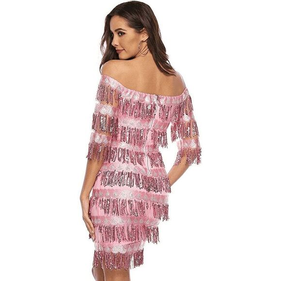 💗✨ 6PCS 1920s Great Gatsby Flapper Pink Sequin Dress & Accessories Set XL NEW - Picture 8 of 16